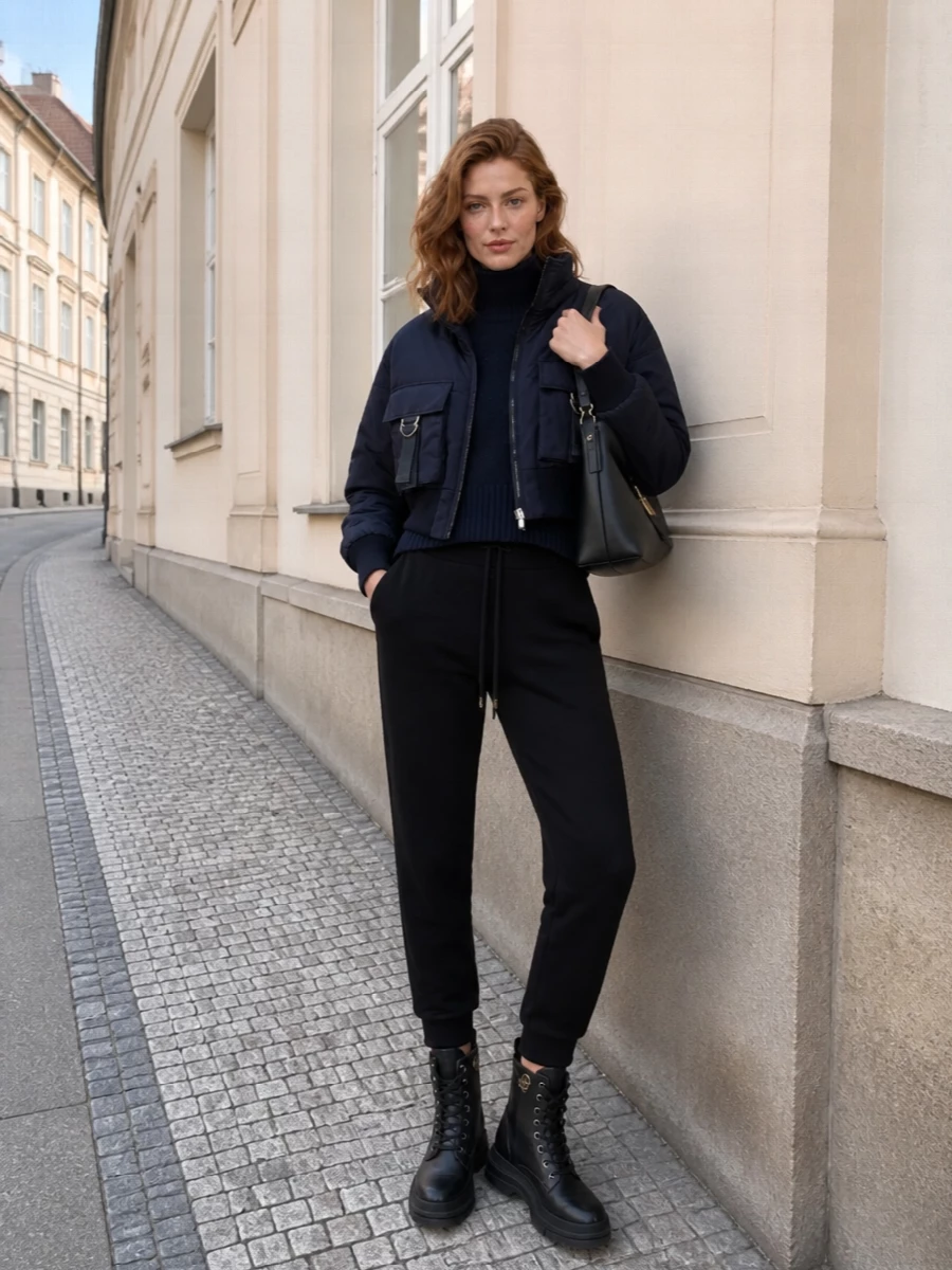 Pinko navy bomber joggers chunky boots outfit