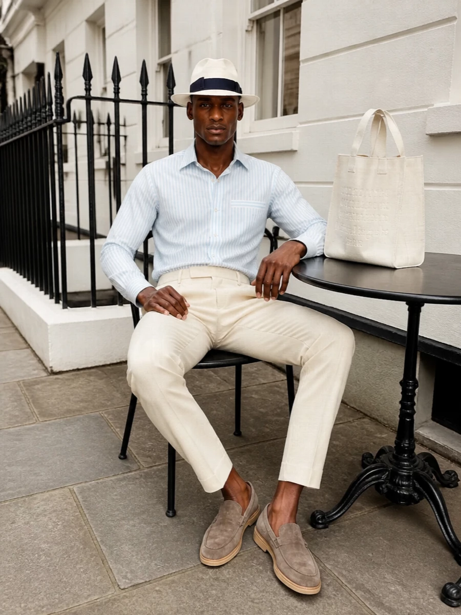 A pale striped Tom Ford shirt with high-rise beige Tom Ford pleated trousers creates a clean, Riviera-ready take on tailoring that feels relaxed yet precise. The taupe Tod’s drivers keep everything soft and quiet, while the off-white Margiela tote and the Borsalino fedora echo each other for a calm, sunlit palette. It is city-lunch to coastal-dinner dressing with an assured, understated confidence.