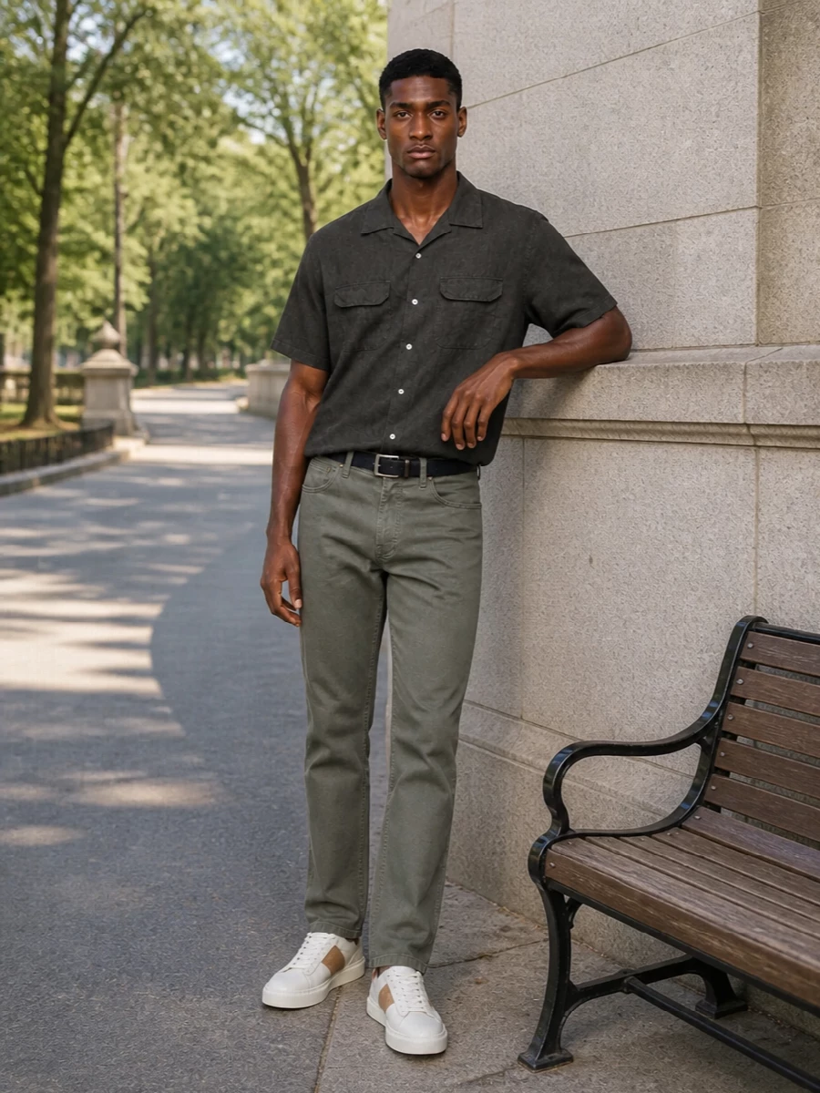 Beams plus camp shirt olive chinos sneakers