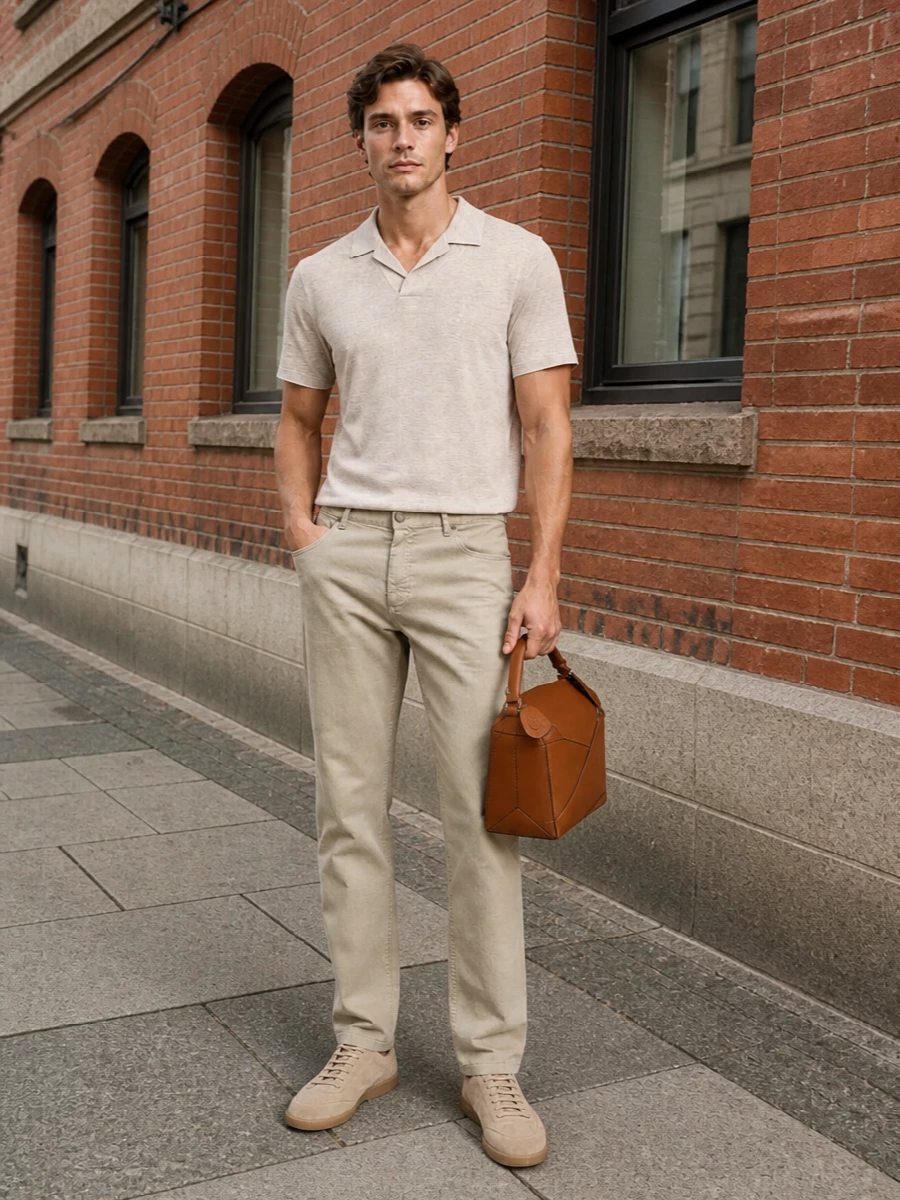 Zegna neutral polo outfit stone trousers