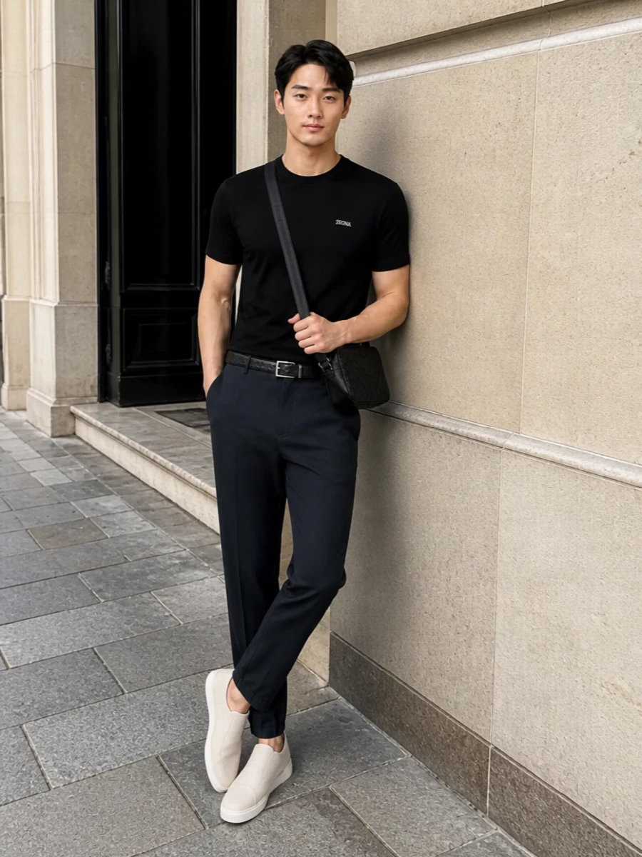 This look centres on the black Zegna tee and ink-navy tapered trouser for a refined, modern uniform that reads minimal yet considered. Cream slip-on sneakers soften the palette and keep the silhouette light, while the black Bottega Veneta crossbody and belt introduce subtle texture that reinforces the quiet-luxury attitude without adding visual noise. It’s an effortlessly sharp off-duty combination that transitions easily from city days to understated evenings.