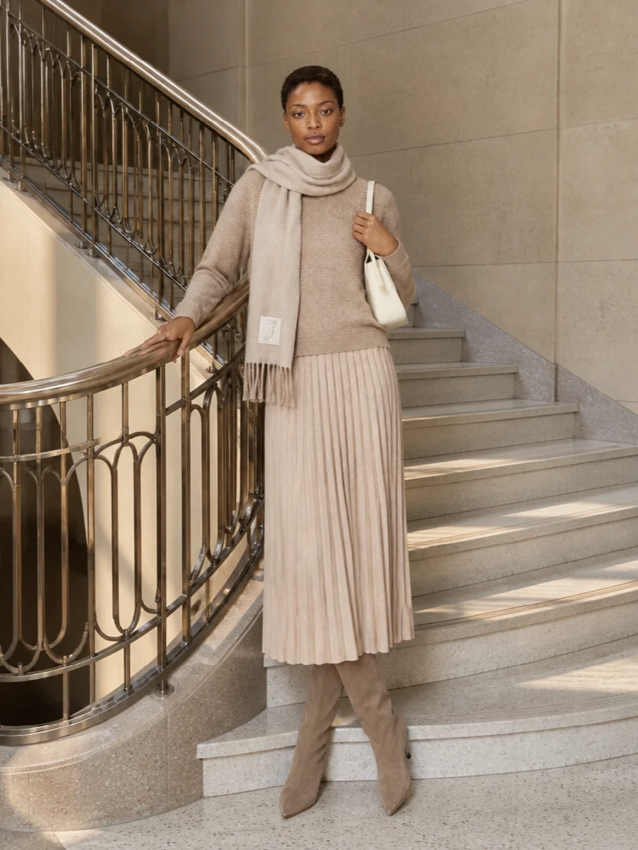 Fabiana filippi beige knit pleated skirt outfit