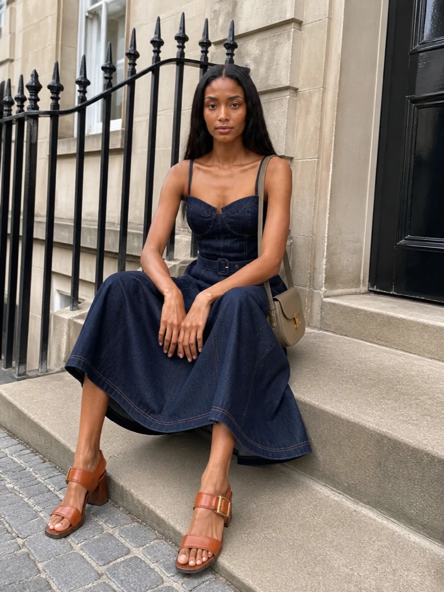 Dark indigo denim and clean lines keep this outfit quietly sharp, with the cognac block heel and structured taupe bag warming the palette. The belted waist and midi length feel intentional yet relaxed, ideal for city days that drift into low-key dinners. Minimal accessories in gold or tortoiseshell will finish it without competing with the dress’s seam detailing.
