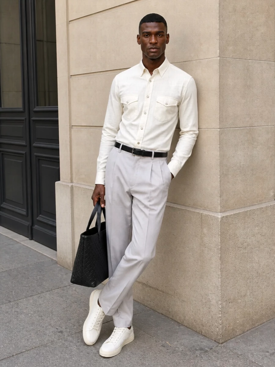 Tom ford ivory shirt pleated trousers outfit