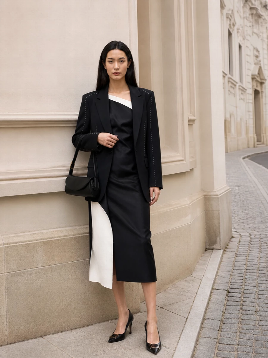 Rohe blazer black one shoulder dress pumps