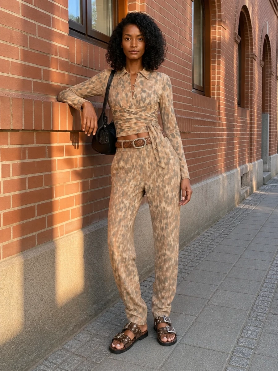Ganni animal print wrap top ruched pants outfit