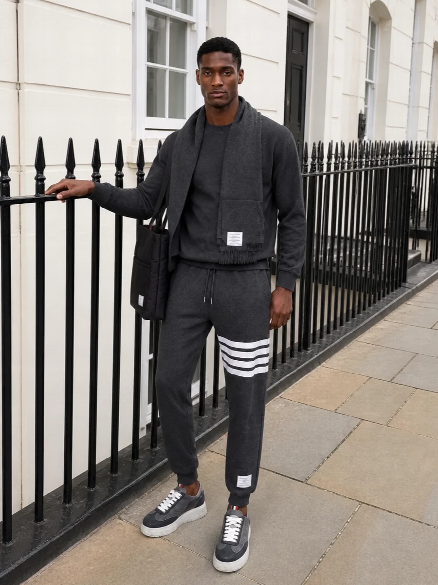 Thom browne charcoal sweatshirt joggers outfit