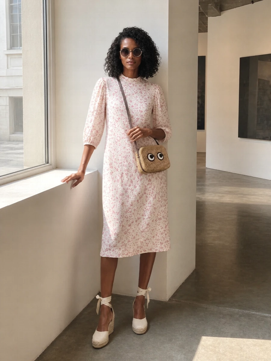 I built this around an easy, spirited city-day outfit where the mosaic Dolce&Gabbana sunglasses feel playful rather than formal. The floral Ganni midi, cream espadrille wedges and straw cross-body lean gently boho, letting the frames be the statement while everything else stays soft, warm and walkable. I chose the dress path over separates to keep the silhouette breezy and uncomplicated, which suits the sunglasses’ vacation-ready personality best.