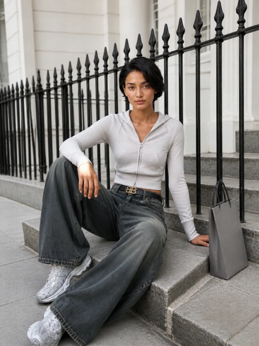 Balenciaga grey hoodie wide leg jeans sneakers