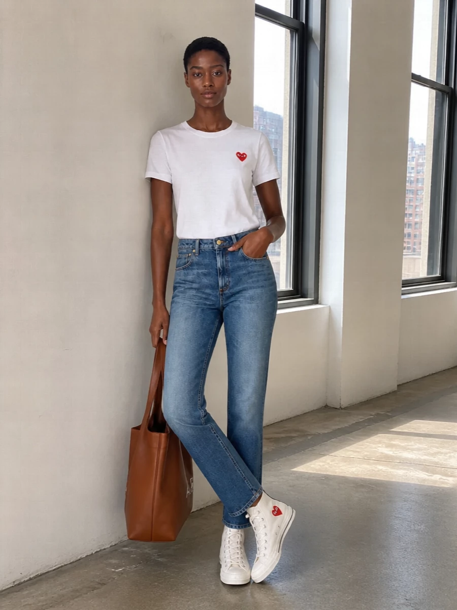 This is a clean PLAY-on-PLAY uniform built around the heart high-tops, with the single-heart tee echoing the sneakers so the branding feels intentional rather than loud. Straight mid-indigo denim keeps the proportions classic and relaxed, while the tan shopper introduces one warm neutral note that still reads minimal. I chose the tee-and-jean path over a dress to stay closer to the sneakers’ skate-preppy energy and keep the outfit versatile from daytime errands to casual dinners.