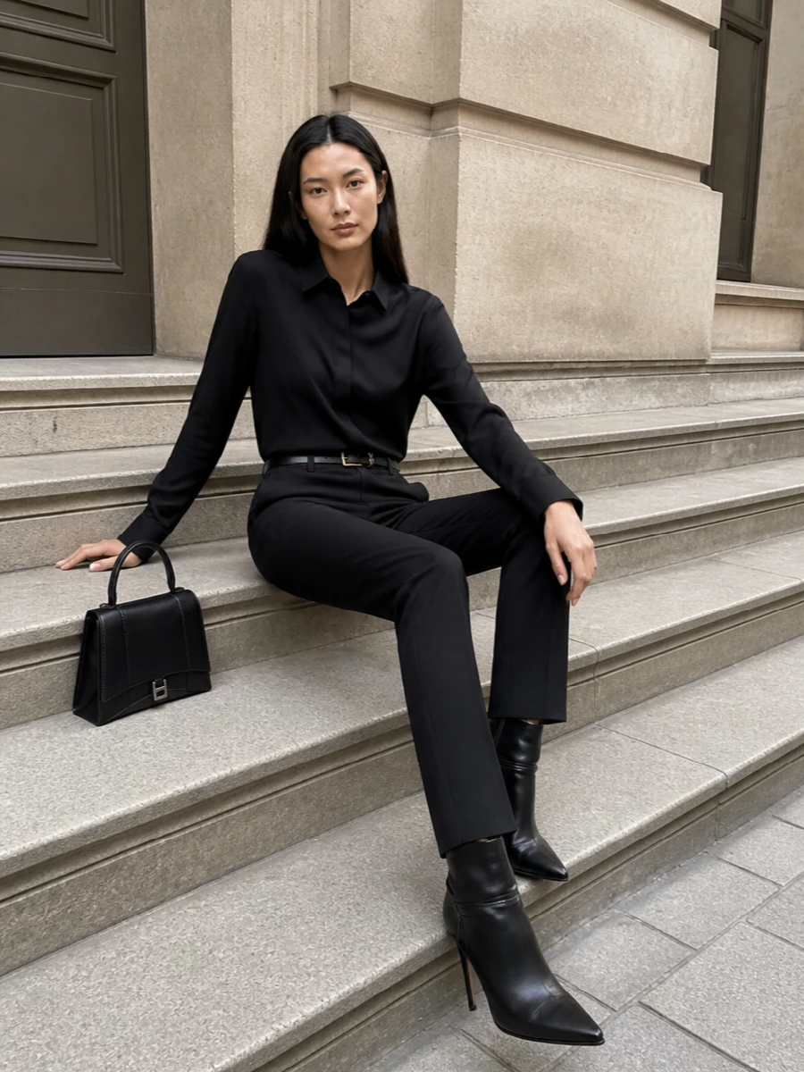 Saint laurent navy trousers black shirt outfit