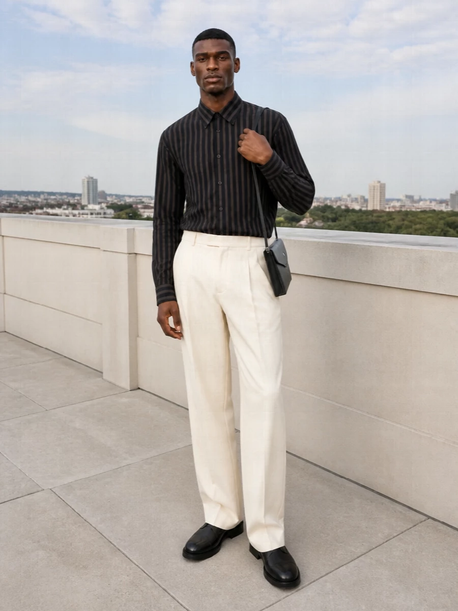 Charcoal vertical stripes sit against fluid cream tailoring for a clean, modern contrast that still reads precise and dressed. Black low-profile derbies and a slim envelope bag tighten the palette around sharp lines and subtle texture. The result is a quietly confident outfit that moves easily from client meetings to night-time reservations without feeling overworked.