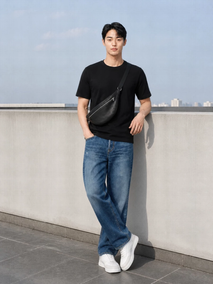 Mid-indigo Japanese denim, a pure black designer tee and clean white sneakers create a sharp, low-key streetwear uniform that still reads luxurious. The palette stays tight, with black and white framing the denim so the jeans feel considered rather than casual. A sculptural black crossbody keeps the silhouette clean and practical without diluting the quiet, off-duty attitude.