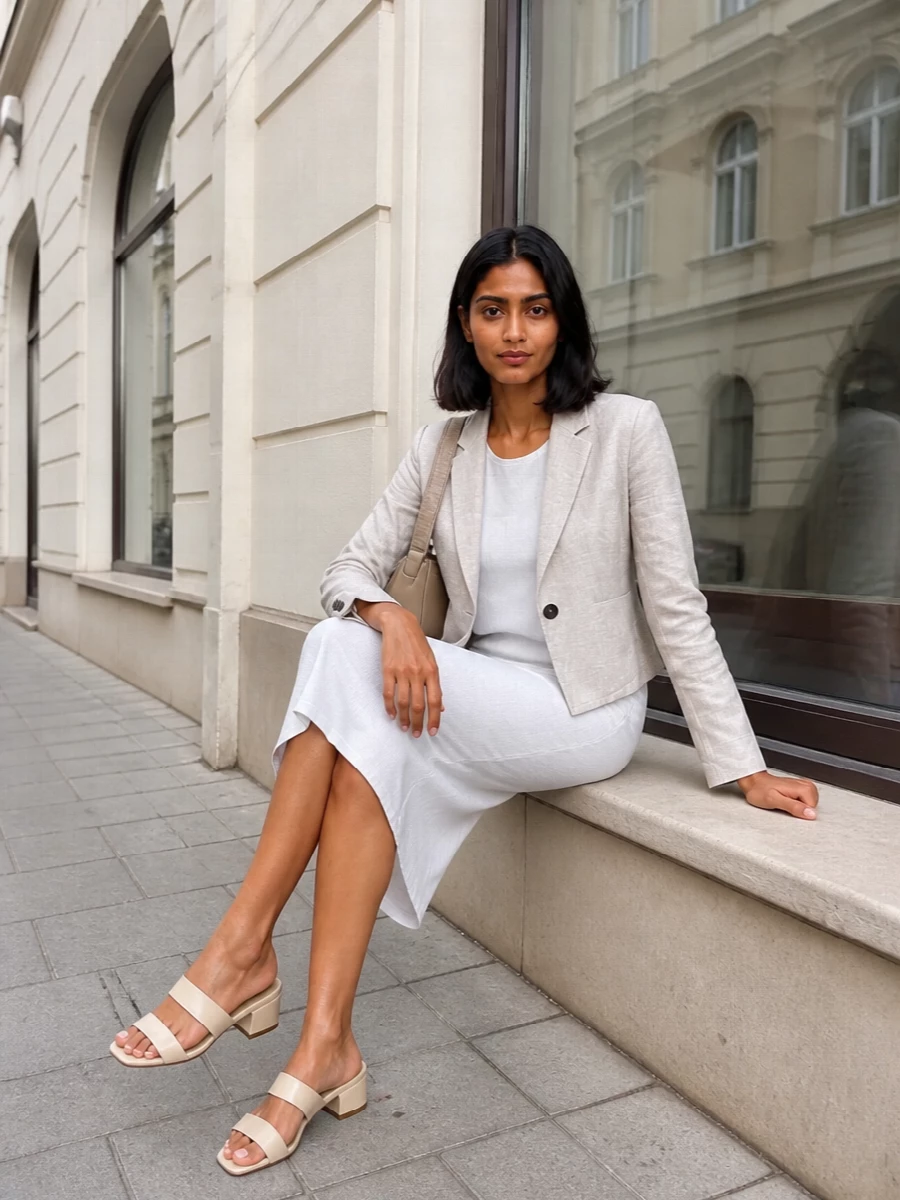 Emporio armani beige blazer white sheath dress