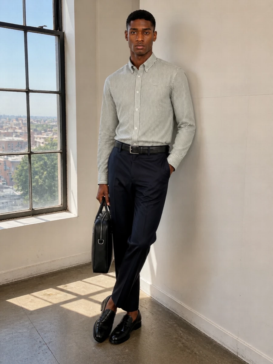 Boss striped shirt navy trousers loafers
