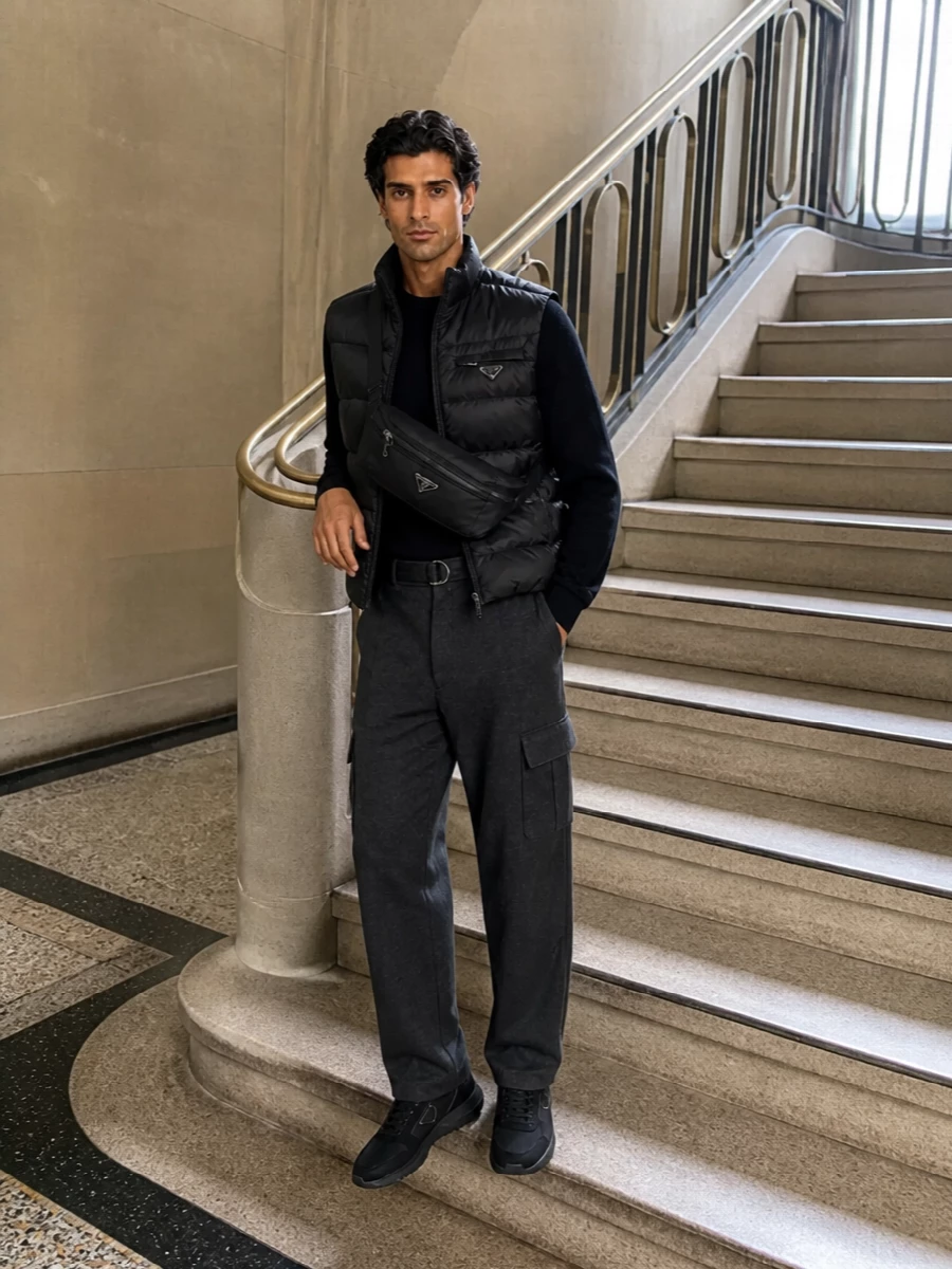 Prada black gilet cargo trousers sneakers