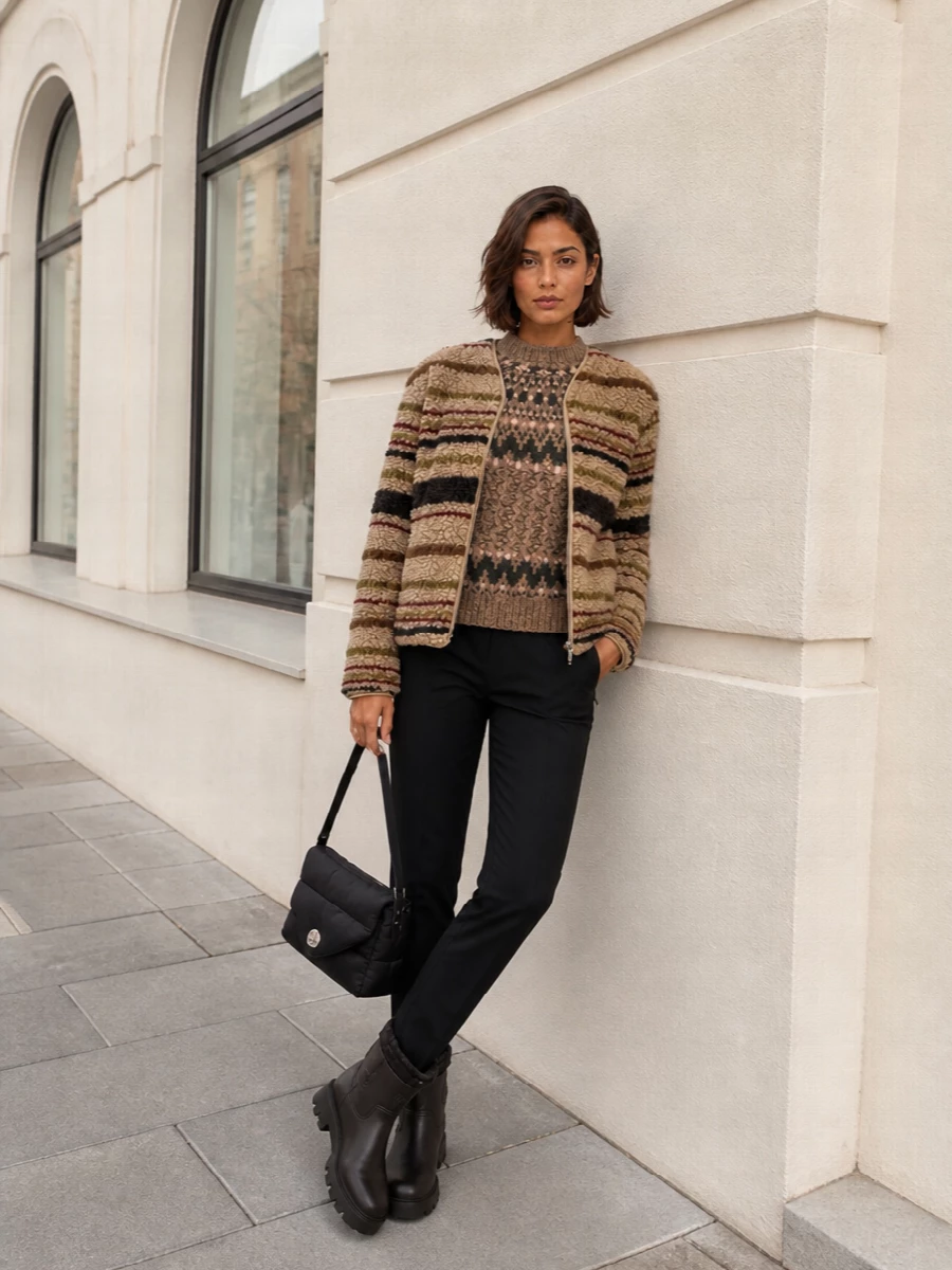 I chose the top and trouser route over a dress so the cropped shearling jacket stays the hero, with proportions you can fine tune for cold city days and mountain weekends alike. The earthy fair isle knit talks directly to the jacket’s stripes, while the slim black technical pant, dark boot and padded bag cleanly frame all that texture so it feels intentional rather than busy. It is alpine, sporty and quietly polished, built for real weather and real movement.