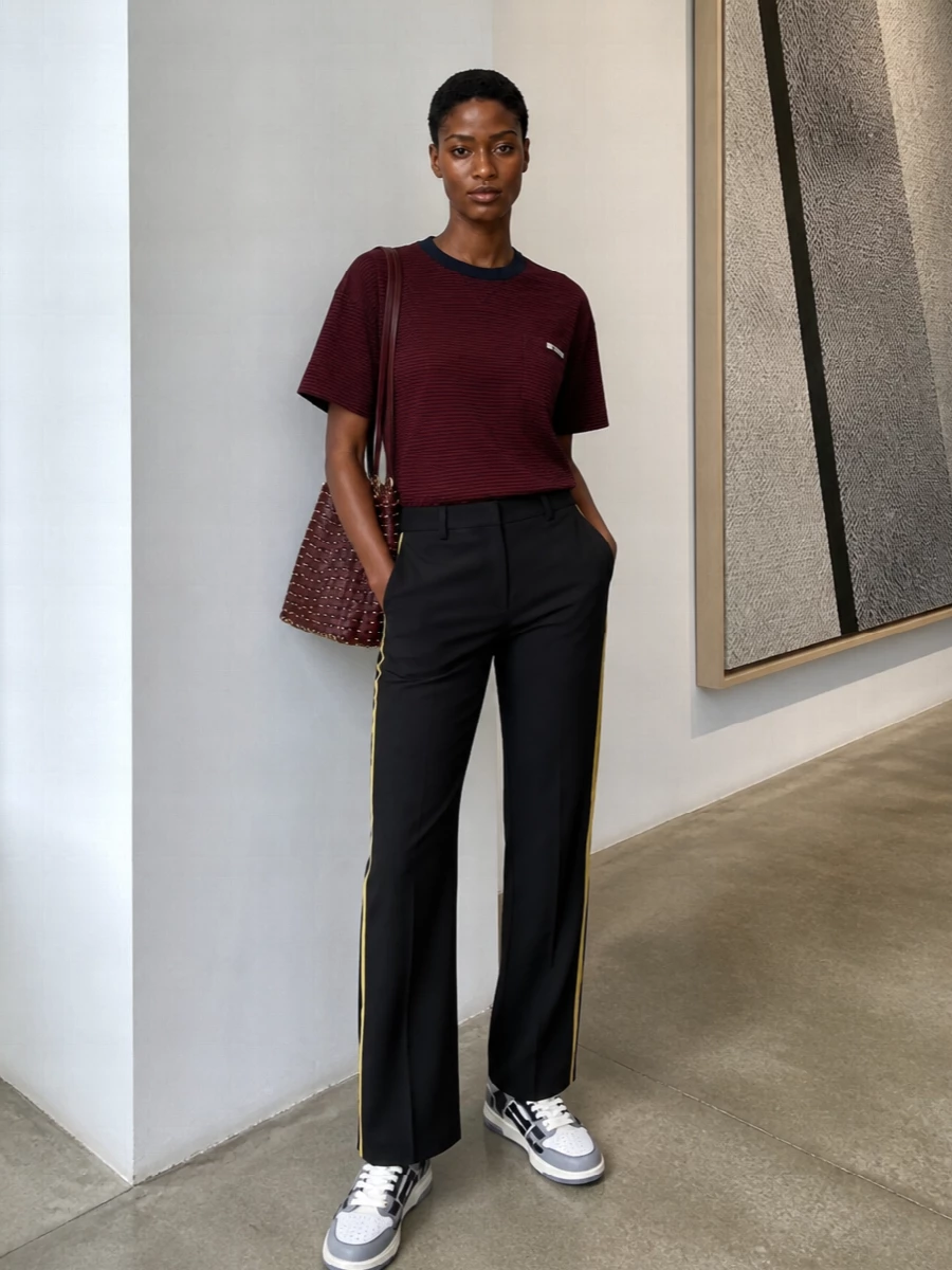 A grunge-leaning striped tee meets tailored track trousers for a refined take on campus-inspired streetwear. Graphic side stripes and sharp monochrome sneakers give the outfit a clean, athletic edge, while the burgundy woven tote brings depth and polish. The result is relaxed but intentional, ideal for city days when you want comfort with designer attitude.