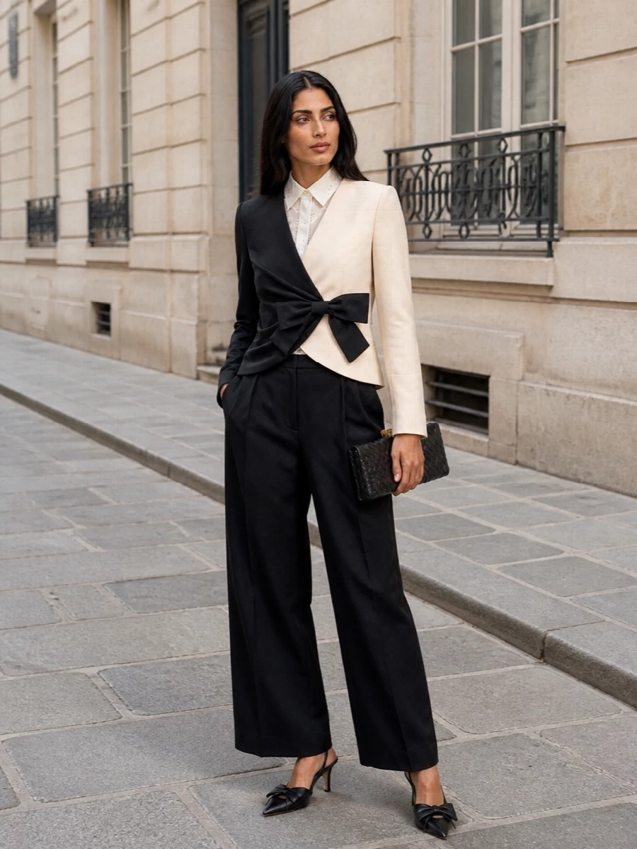 This look builds a monochrome, couture-inflected cocktail ensemble around the bi-color Valentino wrap blazer, pairing it with fluid high-waisted black trousers and an ethereal ivory sheer shirt that quietly reinforces the blazer’s light panel. Bow-detailed black slingbacks and a slim black woven clutch complete a polished, evening-ready silhouette that feels modern, romantic, and impeccably restrained. I chose the top-and-trouser route rather than a dress so the blazer can function as the architectural hero, with the separates subtly echoing its contrast and drape.