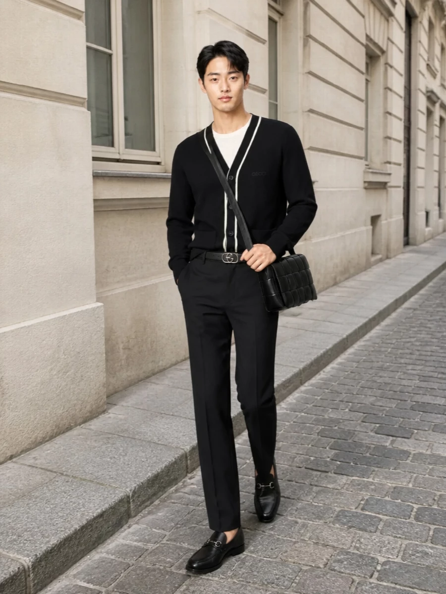 Gucci cardigan black trousers outfit