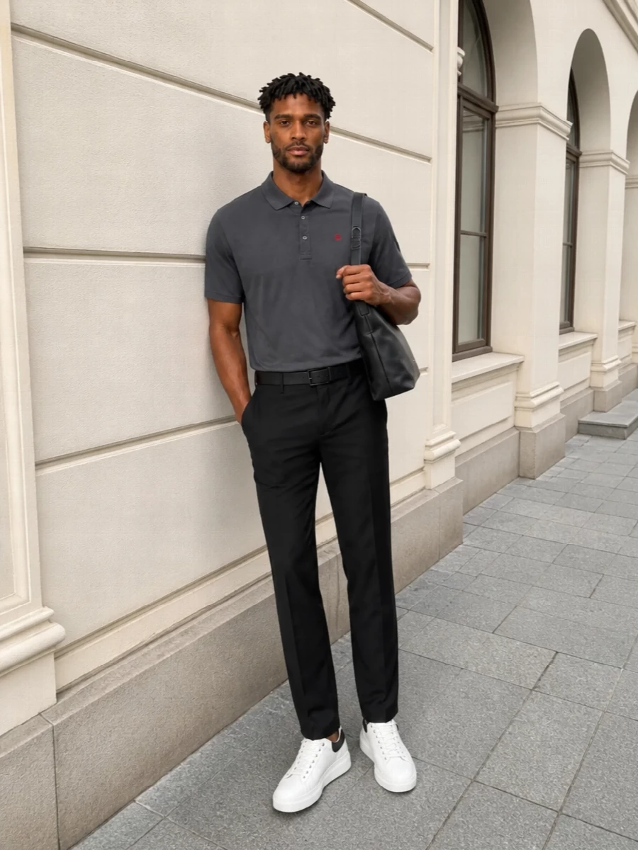 Alexander mcqueen charcoal polo black trousers outfit