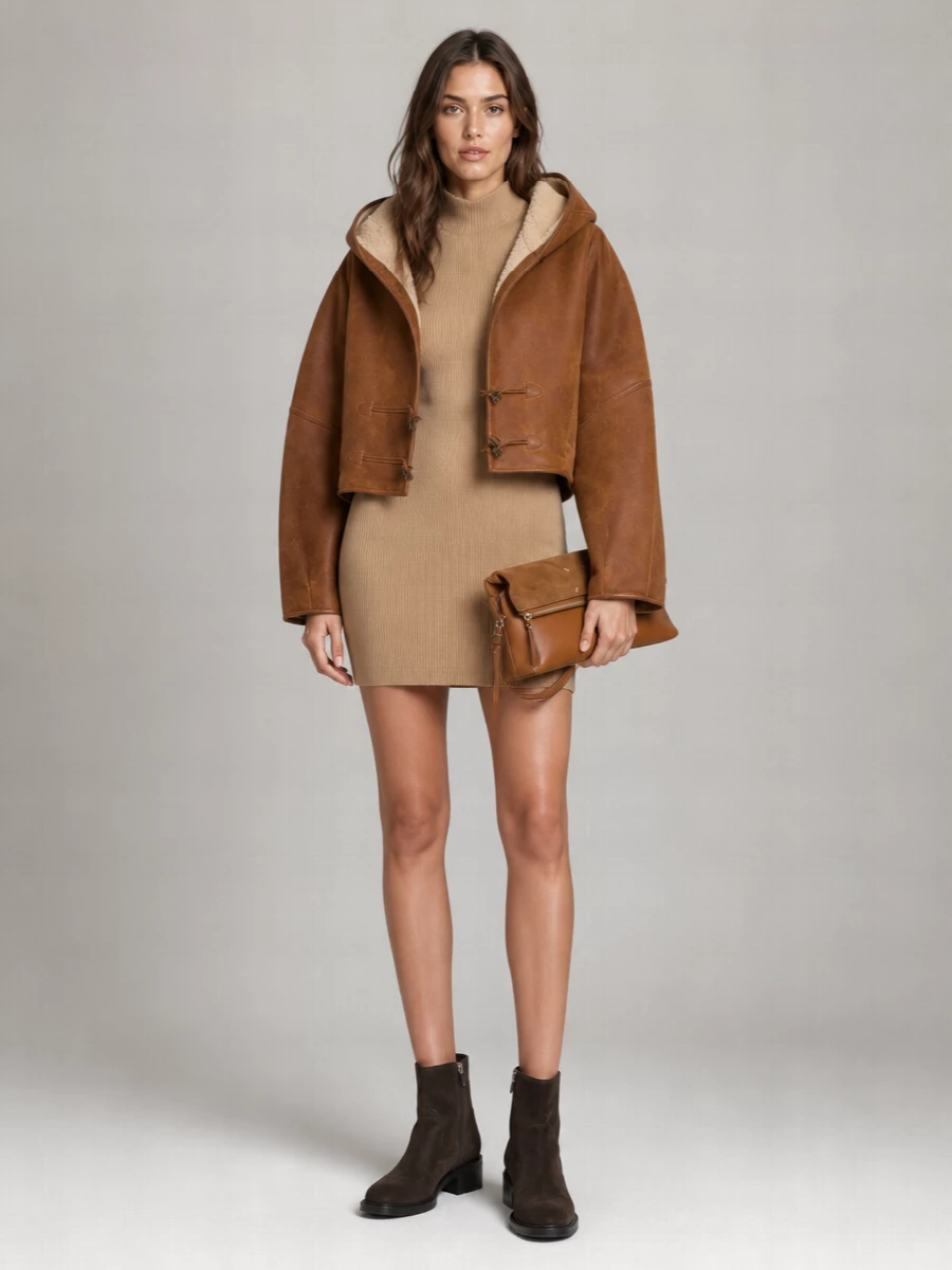 I’m building this around the dress path so the Fendi hooded mini can read as a streamlined, street-leaning base under the sculptural Isabel Marant shearling. The Row’s chocolate ankle boots pull the palette deeper and more urban, while Margiela’s caramel clutch threads the tan story through with a subtle downtown edge. Together it feels like winter city layering that is cozy, directional and quietly expensive without tipping into full après-ski cosplay.
