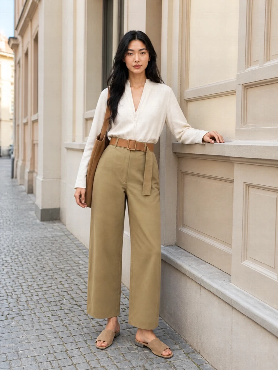 A softly structured ivory shirt slips into camel wide‑leg tailoring for a calm, sunlit take on office polish. Tonal suede slides and a matching tote keep the palette warm and coherent, while a sculpted tan belt quietly defines the high waist. The result is clean, minimal and confident for city days that move between meetings and early dinners.