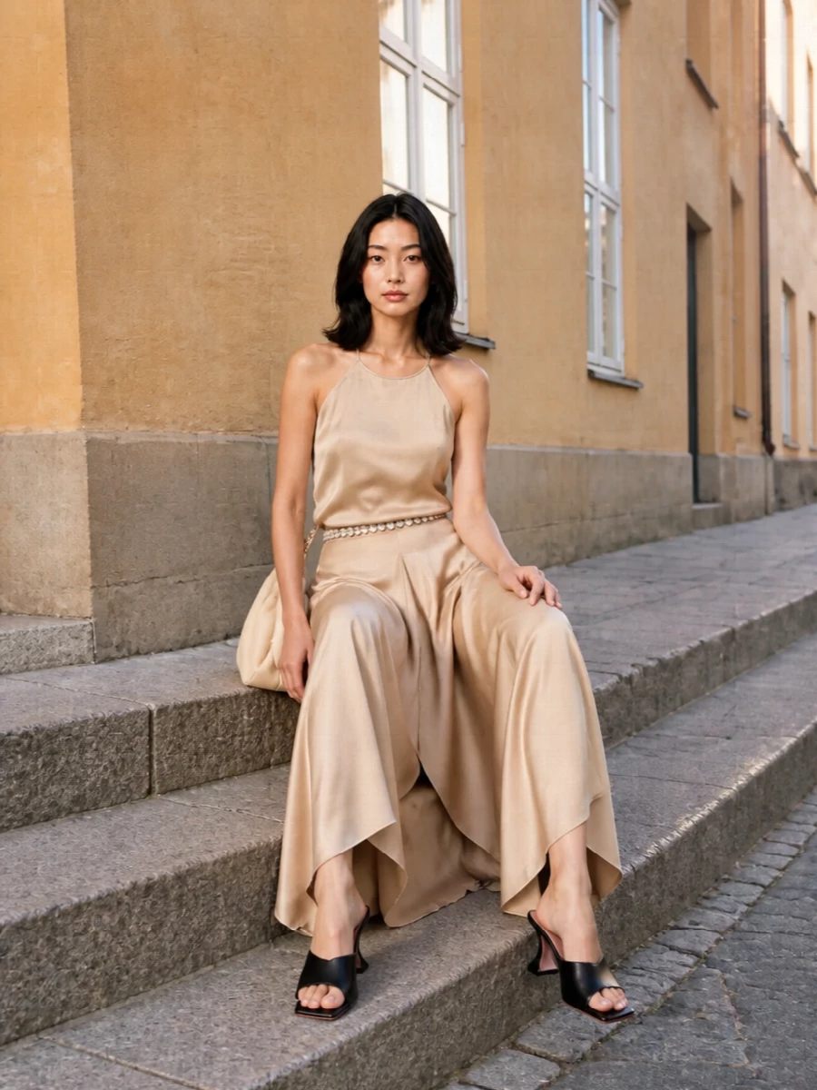 Alysi satin midi skirt halter outfit