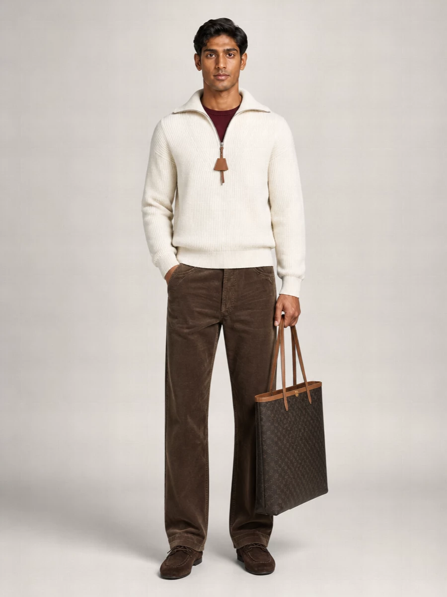 Celine Cashmere Wool Ribbed High-Collar Zip Sweater