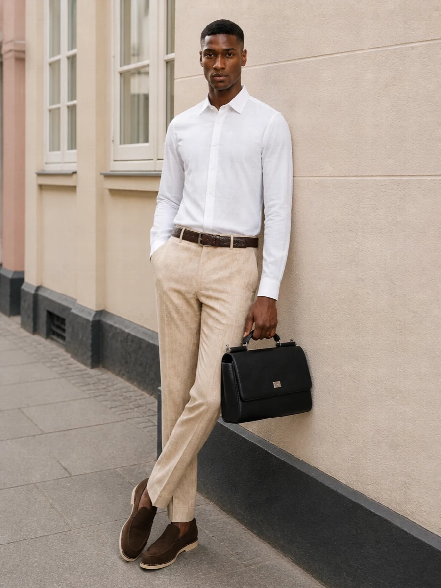 Dolce gabbana beige trousers white shirt outfit