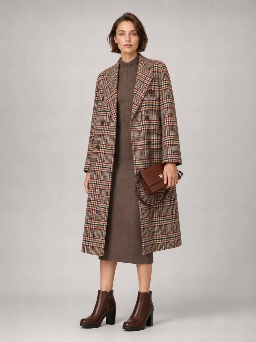 S Max Mara Wool Checked Double-Breasted Long Coat