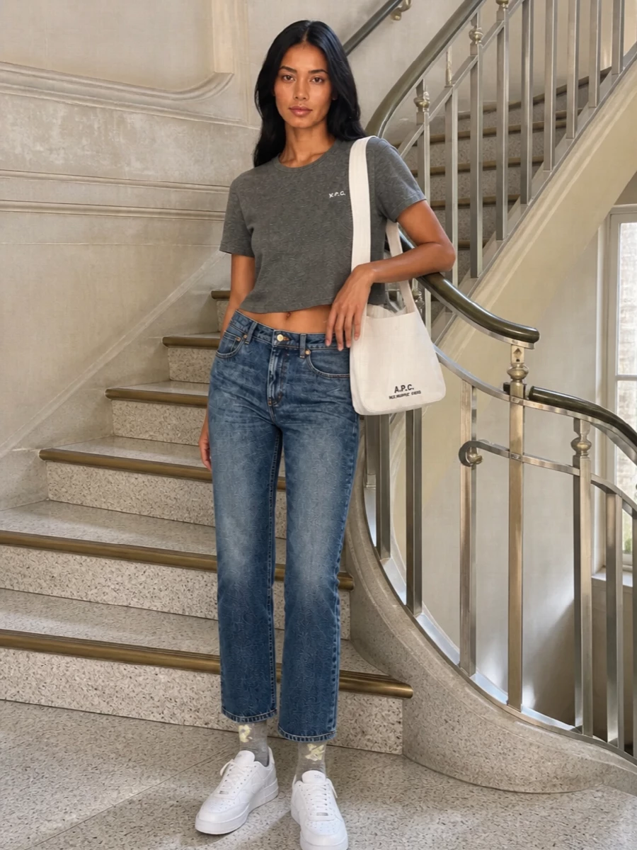 A cropped grey tee with softly faded straight denim creates a clean, relaxed line that feels boyish in the best way. White leather sneakers and an ivory canvas shoulder bag keep the palette light and minimal, with heather-grey socks adding a small but intentional street detail. It is an easy Paris-meets-sport mix that works from coffee runs to casual evenings without needing anything extra.