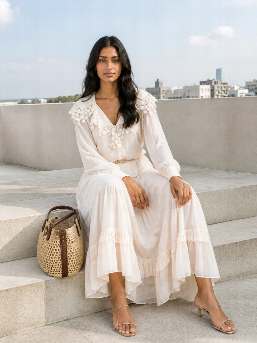 Chloe ivory tiered skirt lace blouse outfit