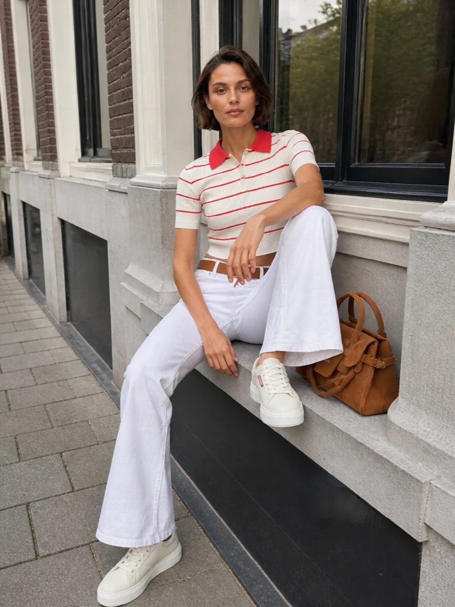 Crisp white flares meet a striped cropped polo for a fresh, preppy take on warm city days. Light beige sneakers keep the line relaxed, while tan suede and leather accessories add warmth and quiet structure. The result is clean, graphic and easy to wear from coffee runs to late-afternoon terrace drinks.