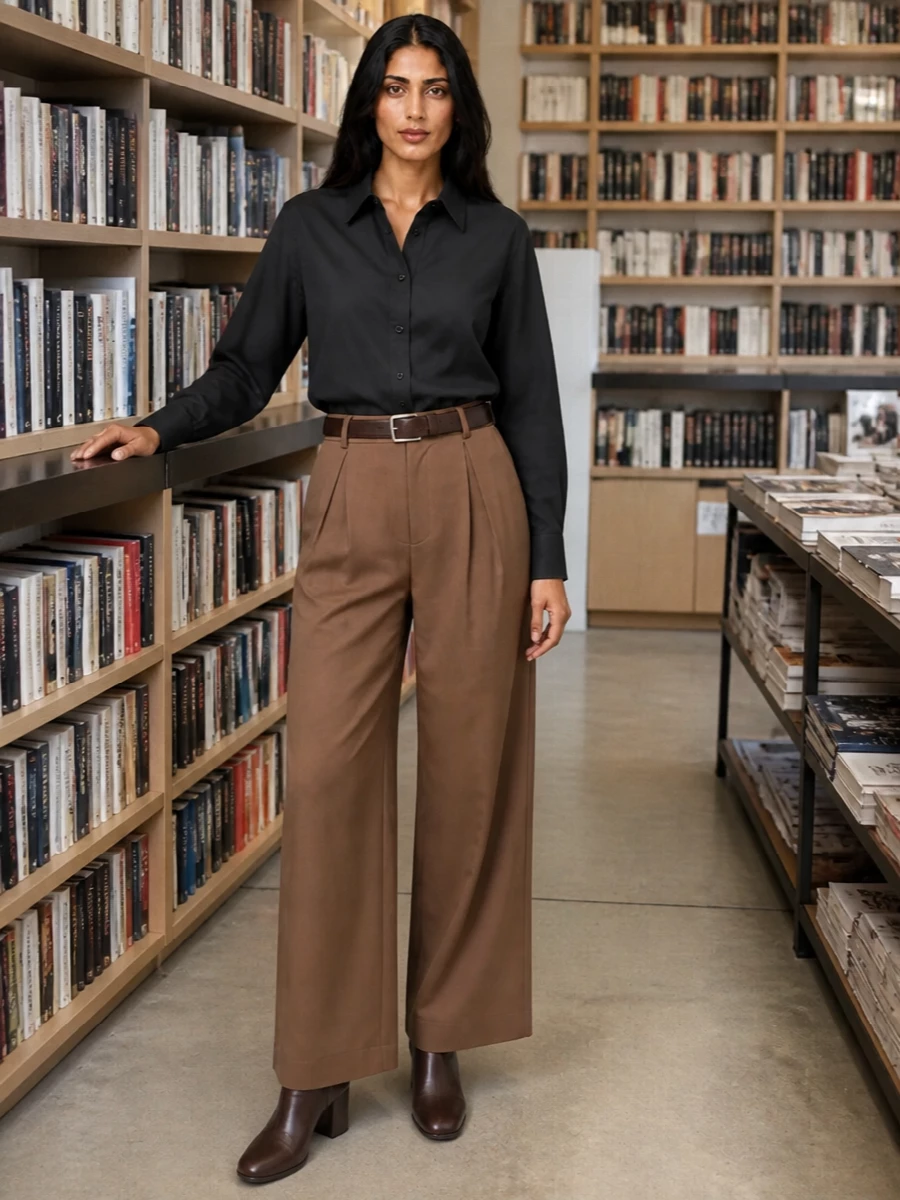 Mm6 camel wide leg trousers black shirt prada bag
