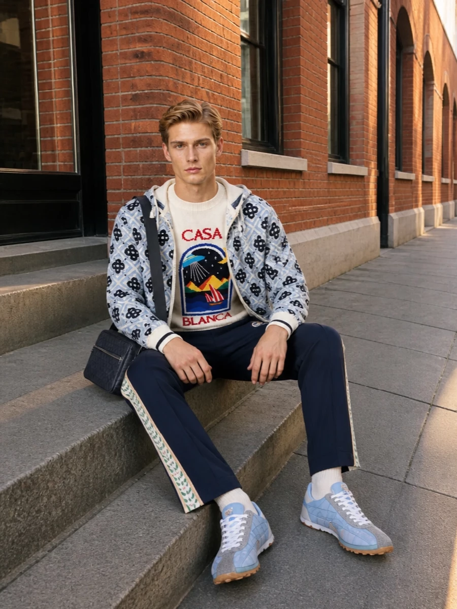 Casablanca hoodie navy track pants outfit