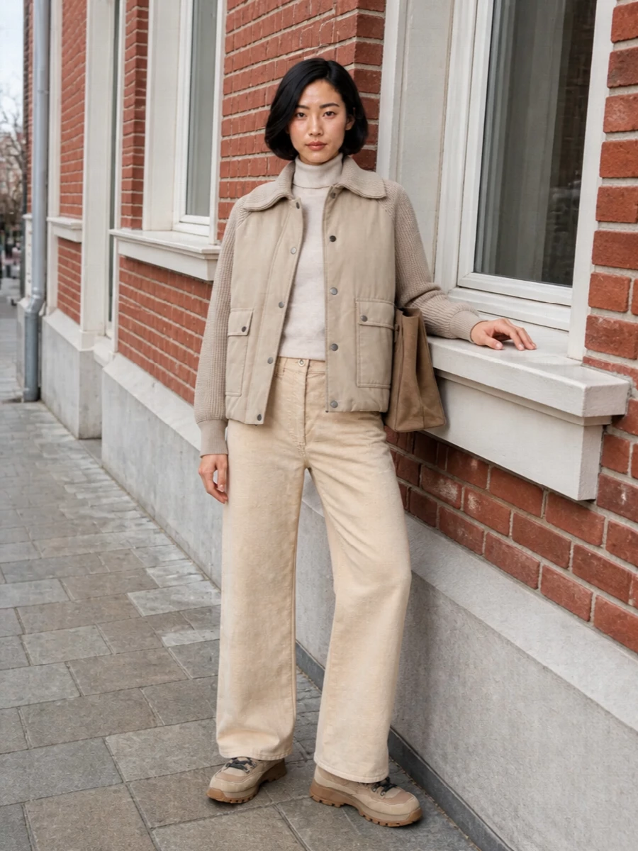 Brunello cucinelli parka wide leg trousers outfit