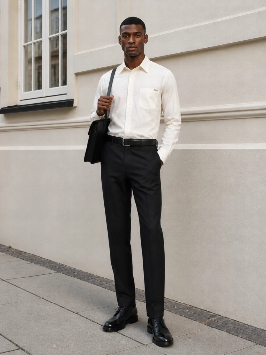 Prada buttercream shirt charcoal trousers outfit
