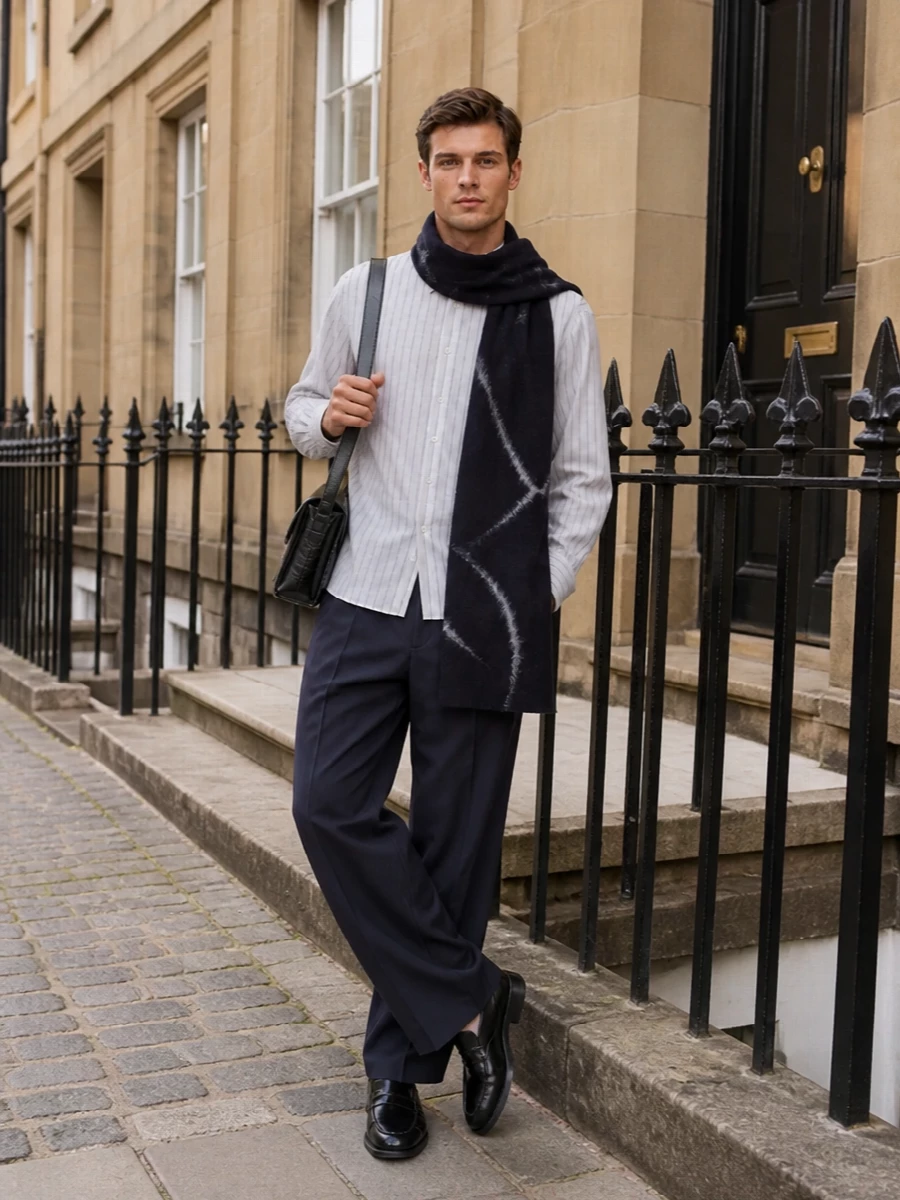 Dries van noten striped shirt pleated navy trousers