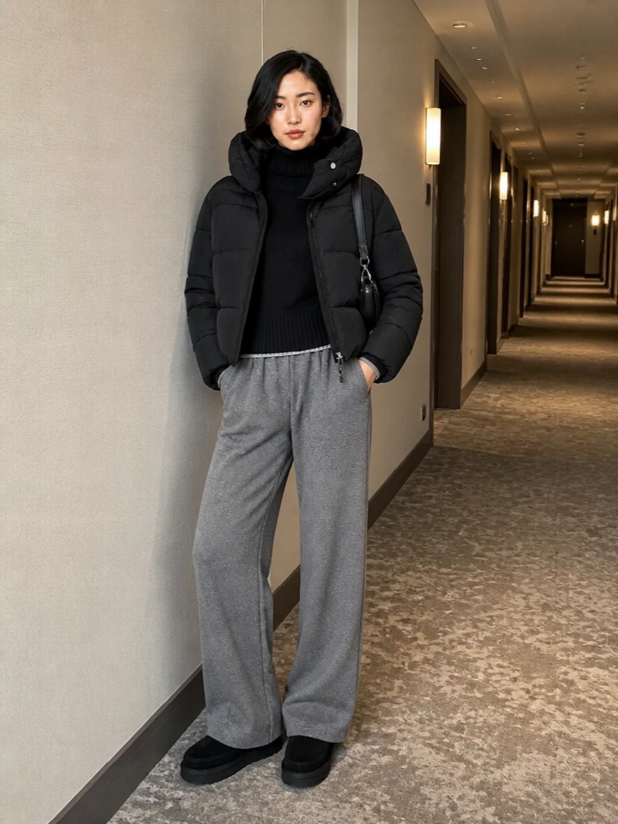 Pinko black puffer wide leg trousers winter outfit