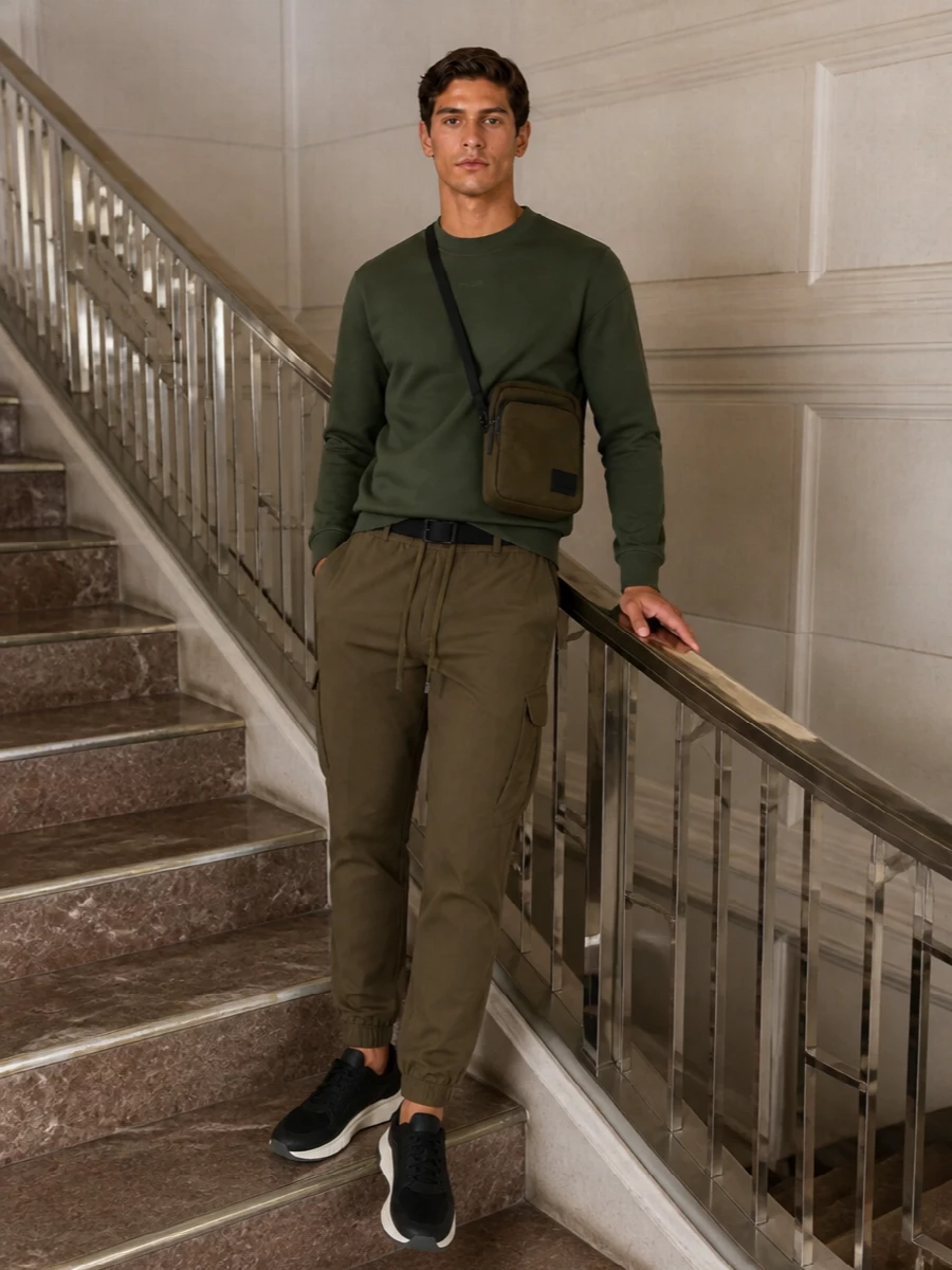 Boss olive cargo pants green sweatshirt outfit