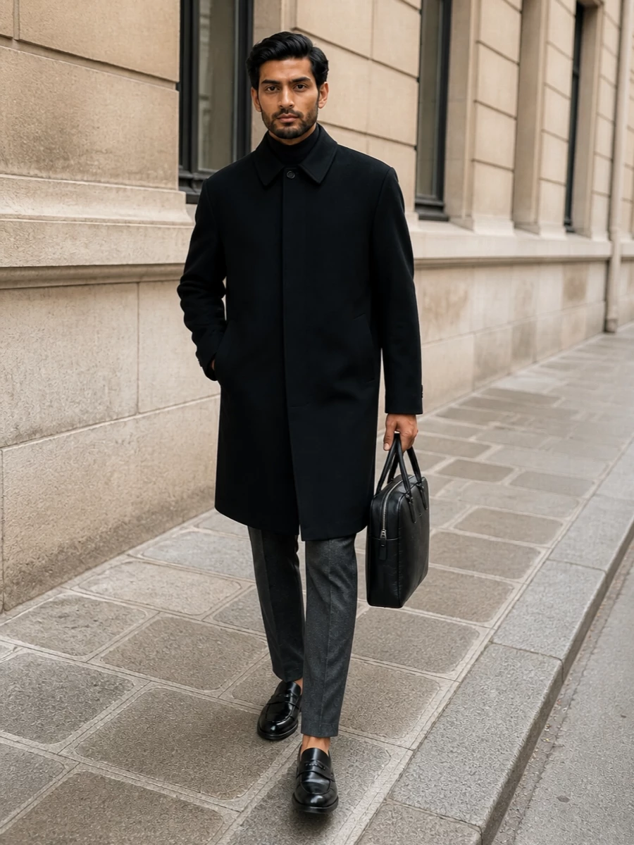 Gucci black overcoat slim trousers outfit