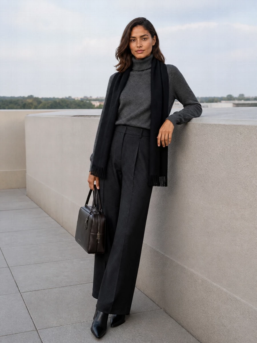 Brunello cucinelli grey turtleneck wide leg trousers