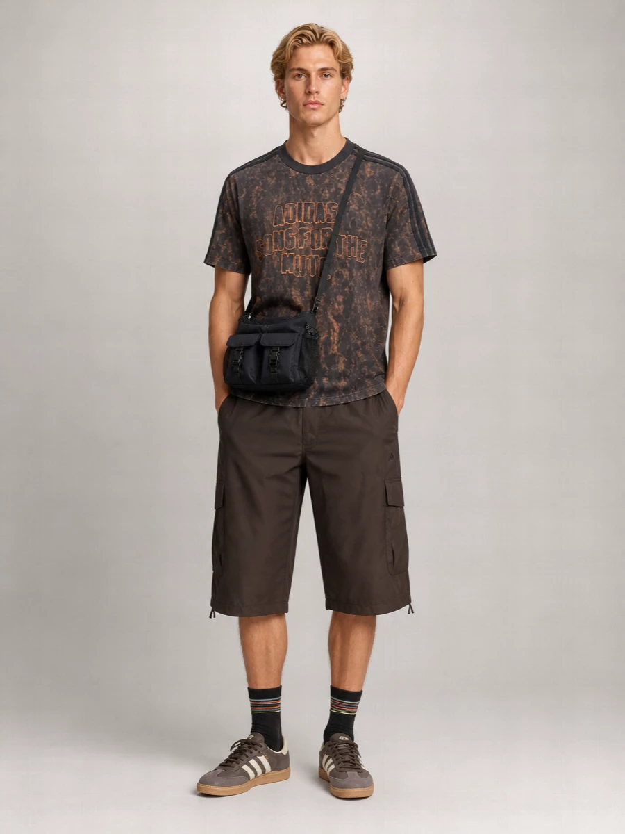 Earthy terrace energy meets technical streetwear in this mix of chocolate cargo shorts and the distressed Adidas Originals x Song for the Mute tee. Dark brown gum-sole trainers keep the palette tight and low-key while refining the relaxed proportions. A compact black A.P.C. crossbody and striped ankle socks finish it with practical, city-focused detail that still feels quietly directional.