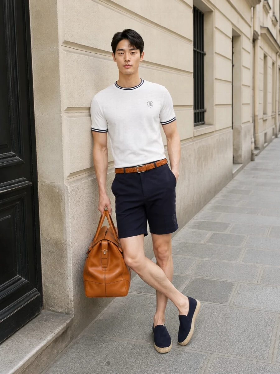 Brunello cucinelli navy deck shorts summer outfit