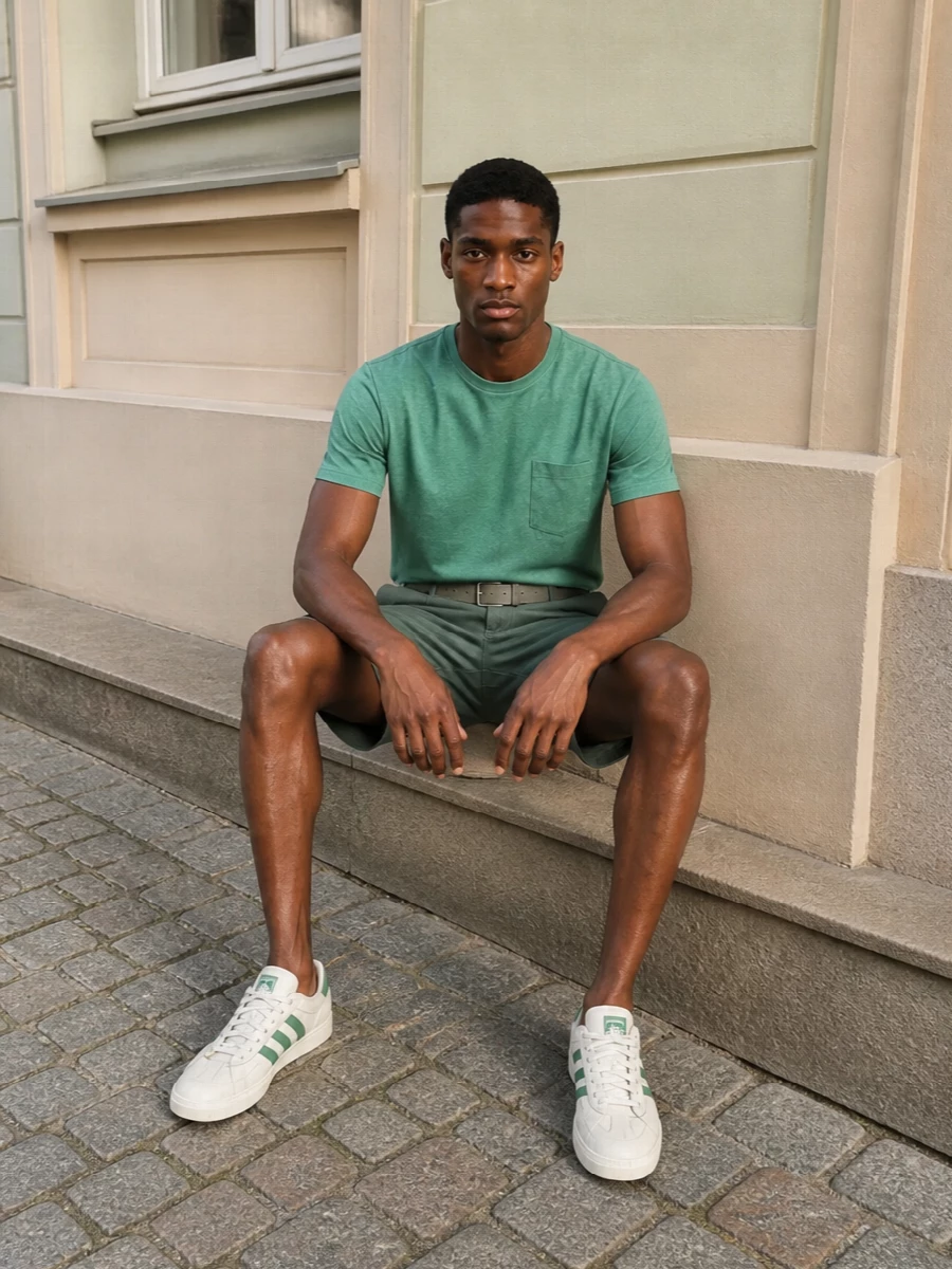 Beams plus green tee pt torino sage shorts outfit