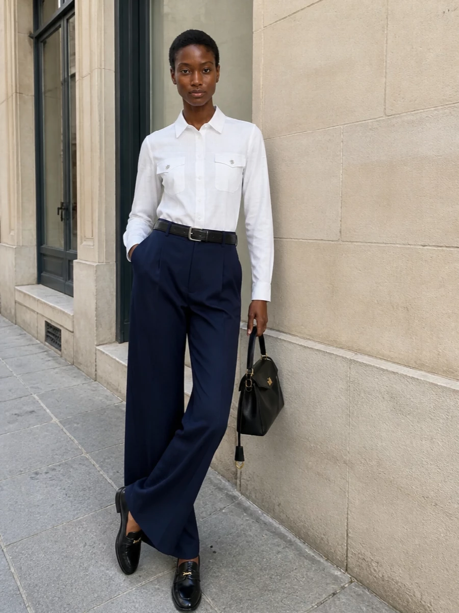 Prada white shirt navy wide leg trousers outfit