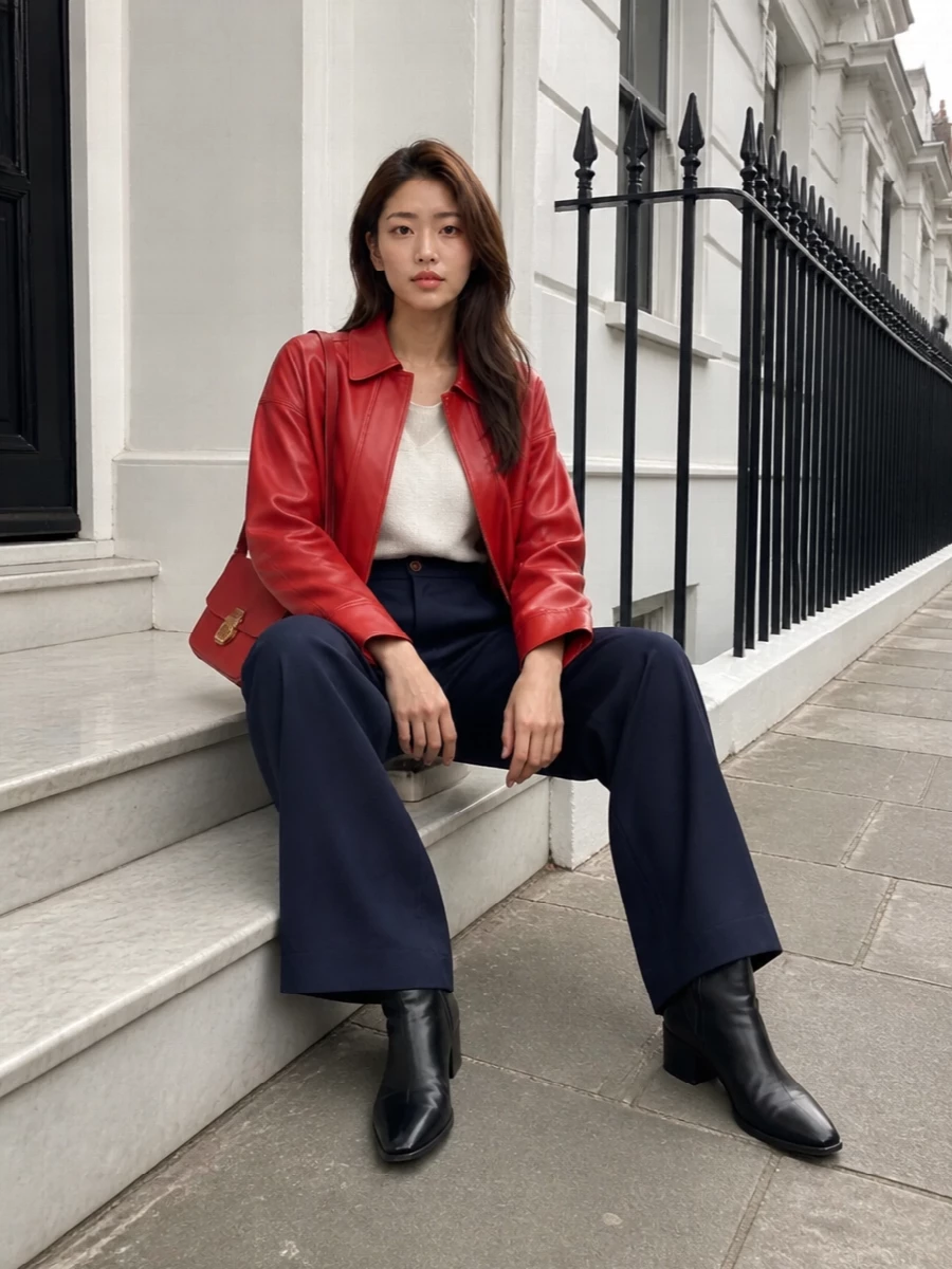 Alysi red leather jacket navy trousers outfit