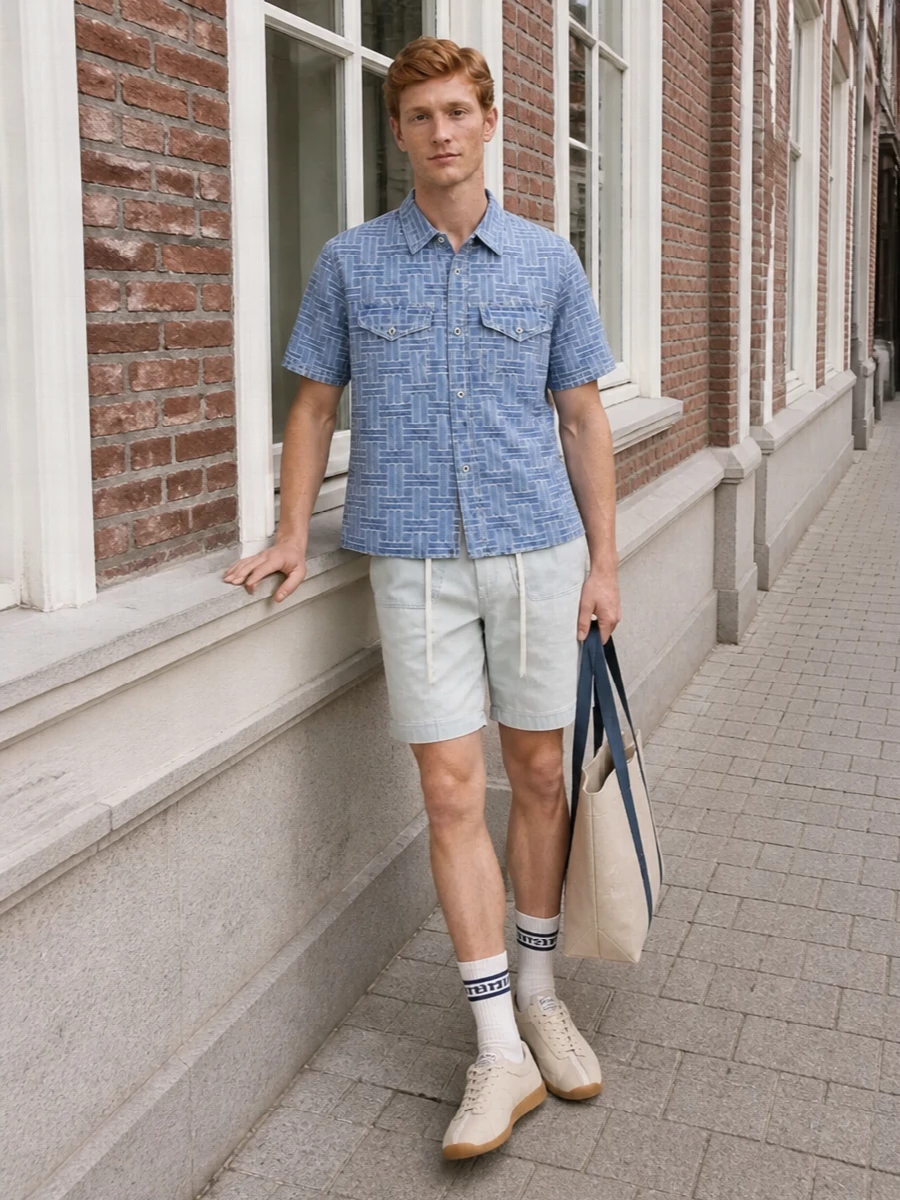Soft blues and ecru keep this Kenzo shirt and chino short combo fresh and sharp for warm city days. Cream sneakers and a canvas tote continue the light, graphic mood without feeling fussy. Striped socks add a small collegiate twist that links the whole palette together.