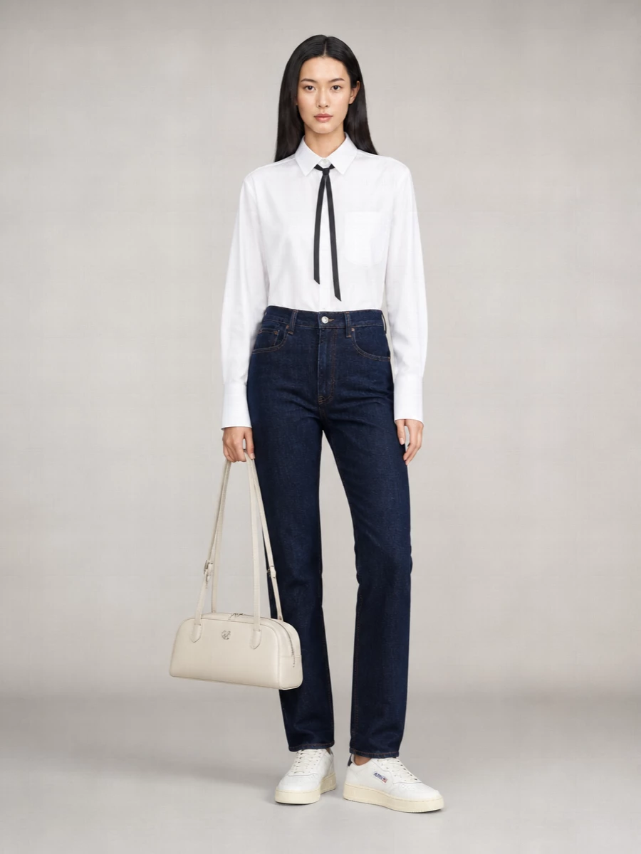 I’m building this around the classic shirt and trouser route rather than a dress so the tie can do its job in a true borrowed-from-campus way. The crisp Sportmax shirt, dark Ralph Lauren denim and Autry sneakers give a collegiate, slightly androgynous energy that mirrors the tie’s buttercream and navy stripes, while the Bally cream baguette keeps the palette tight and quietly polished. It reads like modern prep: sharp up top, relaxed through the leg, and very ready for cool-season city days.